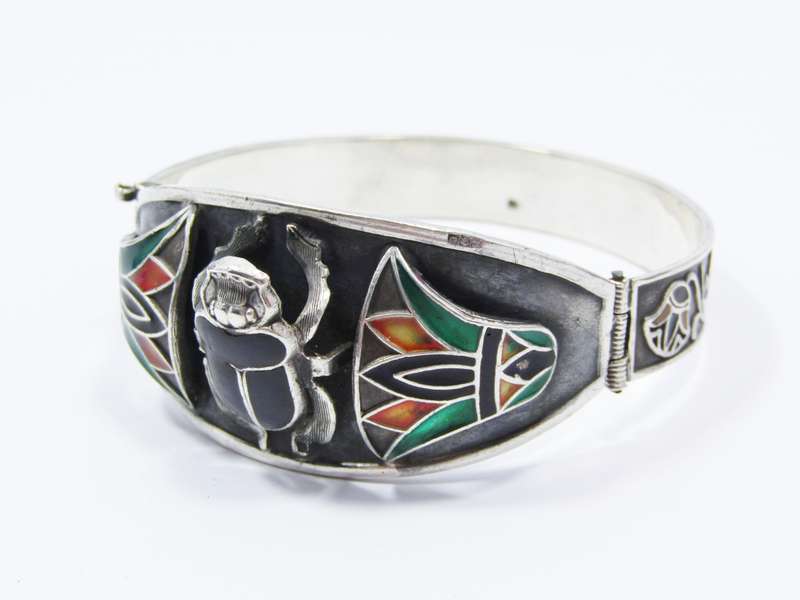 Vintage Egyptian Silver & Enamel Hinged Bangle