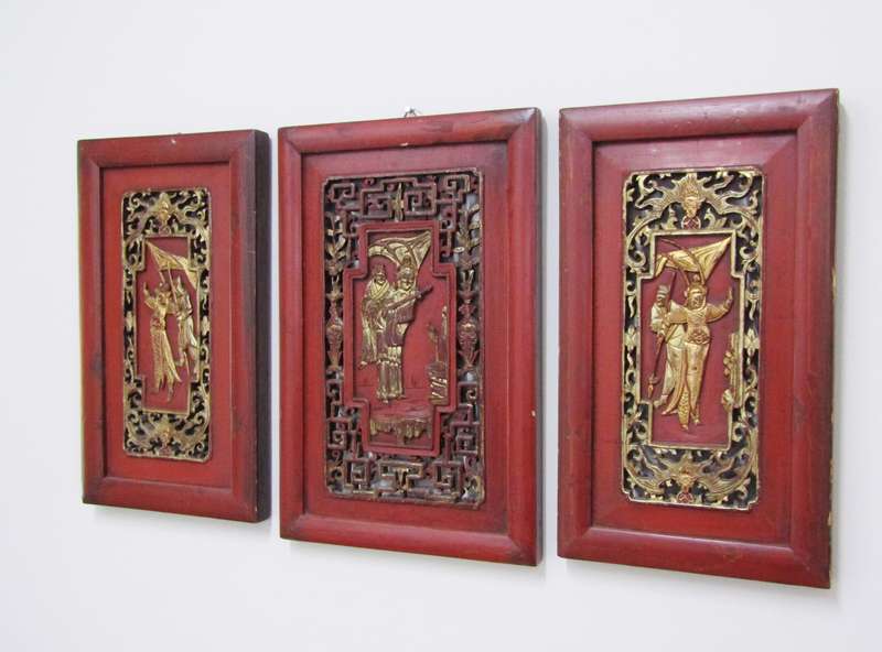 Oriental Part-Gilt & Lacquer Triptych Carved Panels
