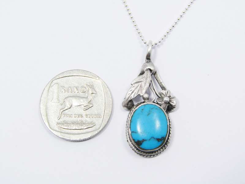 A Lovely Vintage Design Faux Turquoise Pendant on Chain in Sterling Sil