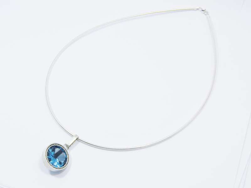 A Gorgeous Large London Blue Zirconia Pendant on a Omega Chain in Sterling Silver