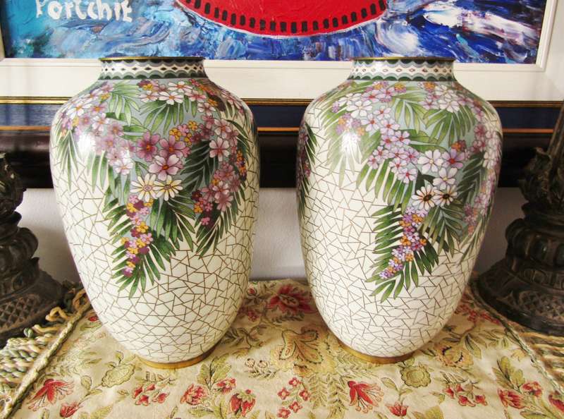Exquisite! Pair of Beautiful Mosaic Design Large Cloisonne Vases