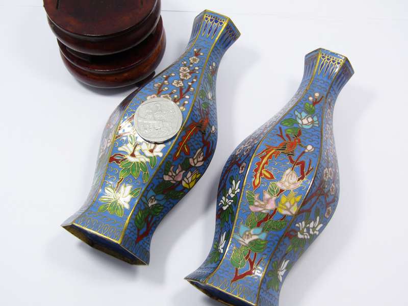 Pair of Finely Made Hexagonal Cloisonne Vases on Stands