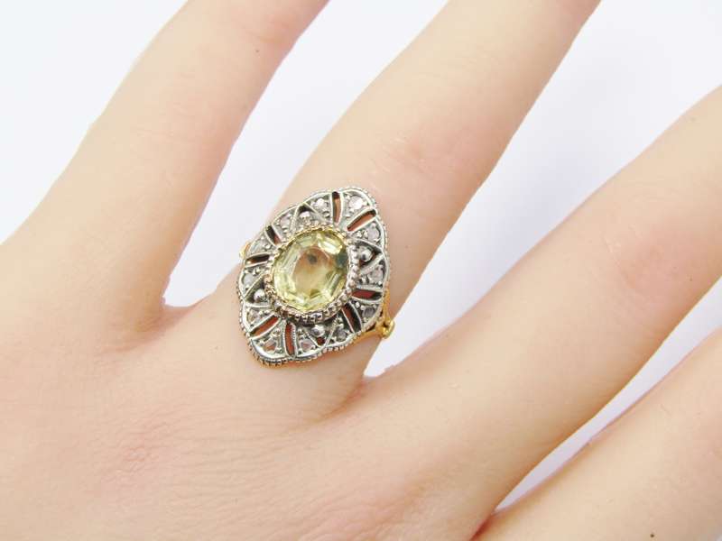 Beautiful! Antique 18CT Gold, Silver, Citrine & Diamond Ring