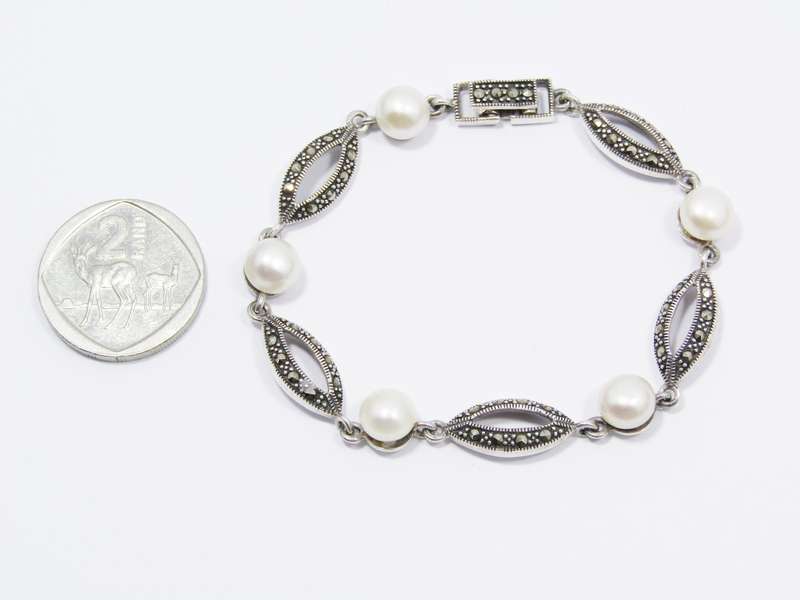 A Beautiful Vintage Design Fresh Water Pearl and Marcasite Bracelet  in Sterling Silver