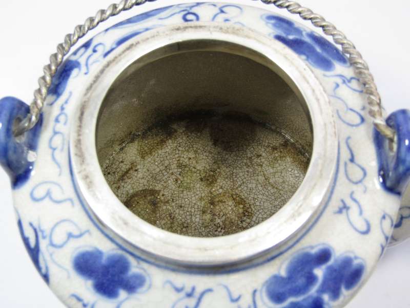 Exquisite! Vintage Oriental Blue & White & Silver Mounts Teapot