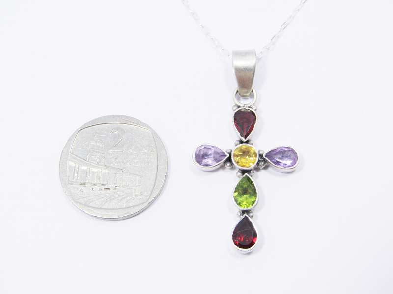 A Lovely Gemstone Cross On Chain in Sterling Silver.