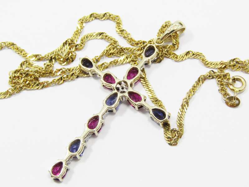 Stunning! 9CT Yellow Gold, Iolite & Garnet Cross Necklace