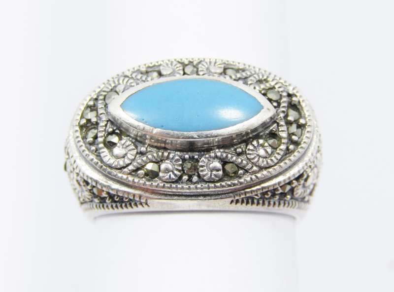 A Beautiful Chunky Blue Enamel Ring With Marcasite's  in Sterling Silver