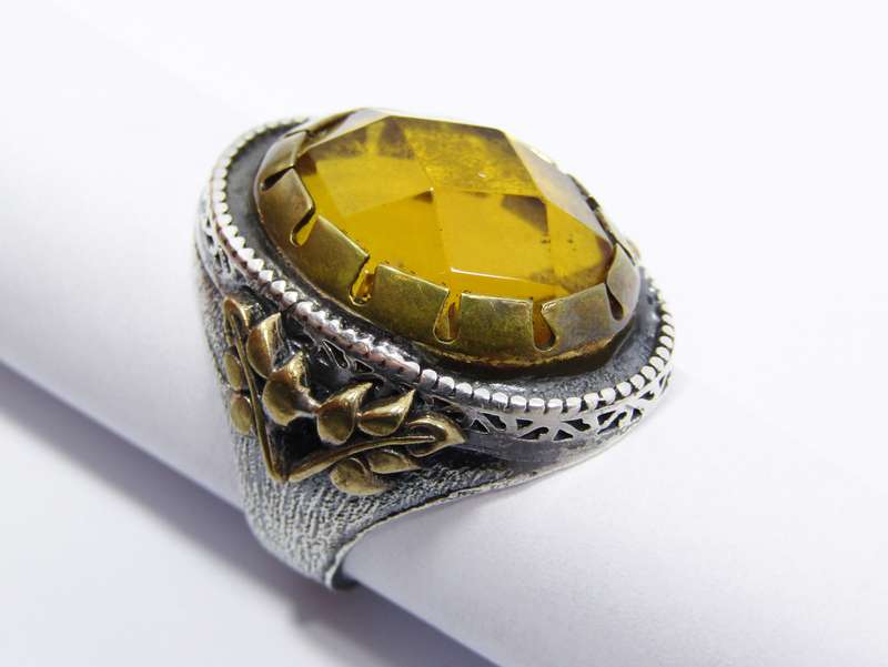 A Beautiful Chunky Two Tone Ring with a Large Yellow paste Stone in Sterling Silver