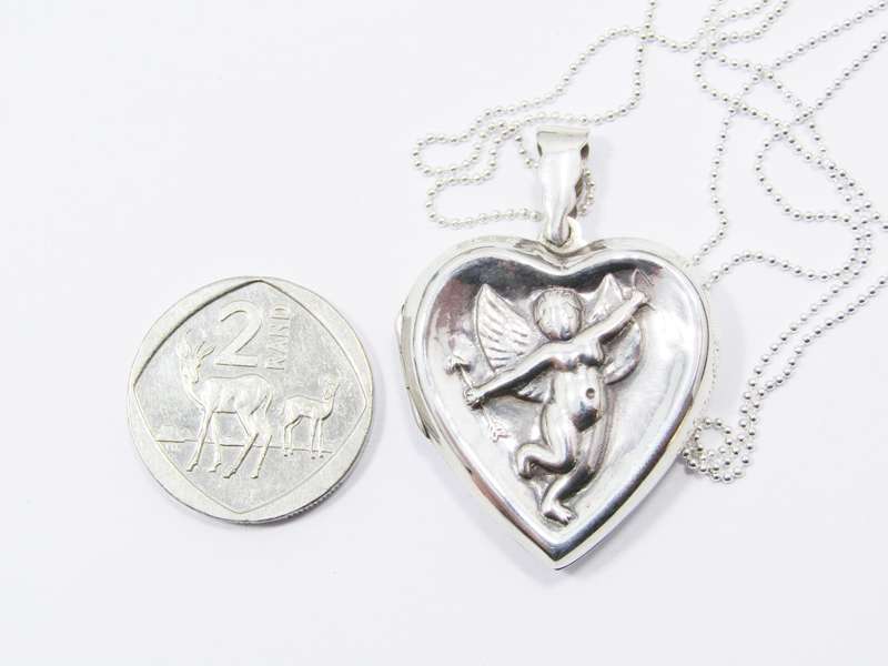 A Gorgeous Large Cherub Heart Locket on Chain in Sterling Silver