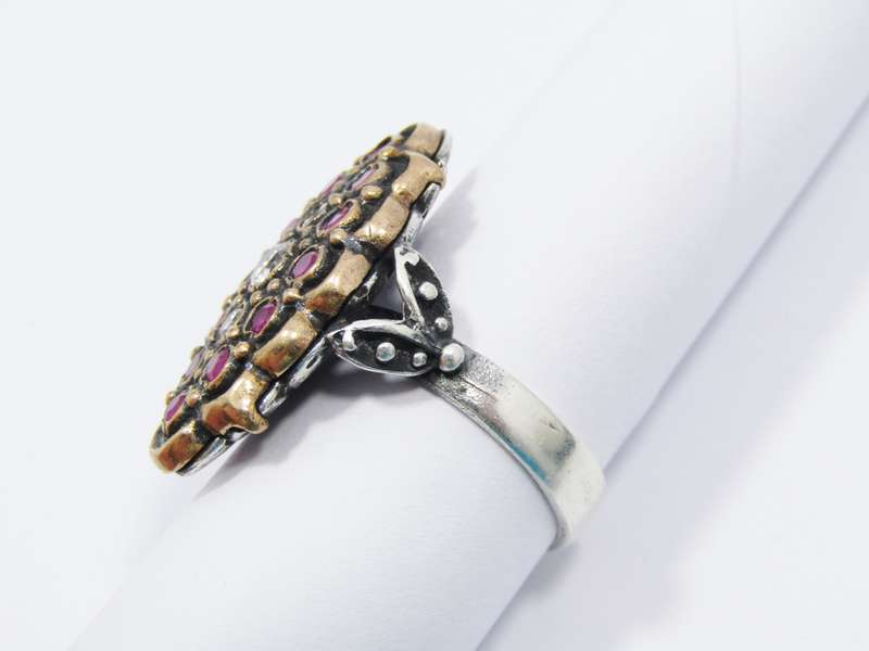 A Gorgeous Two Tone Eastern Design Ring Set With Red and clear Crystals Ring in Sterling Silver