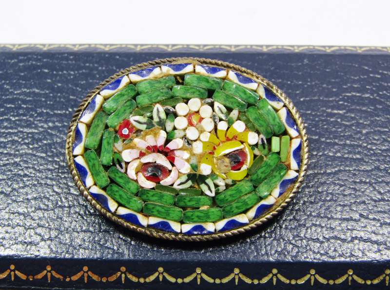 A Gorgeous Detailed Micro Mosaic Brooch With a brass tone Backing