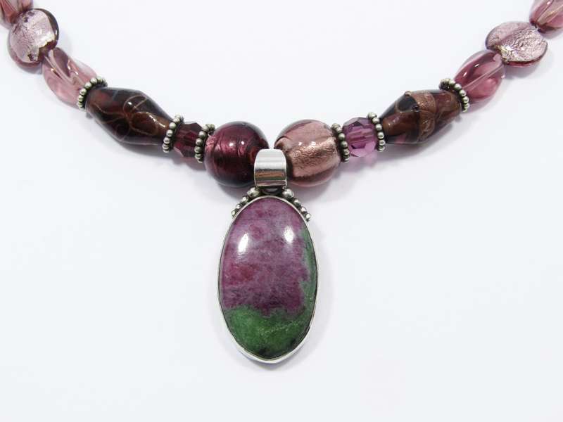Lovely Murano Glass Necklace with Silver & Gemstone Pendant