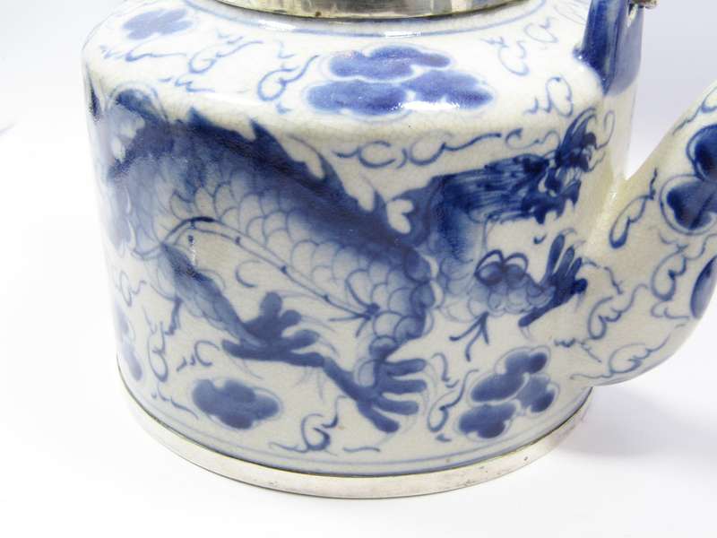 Exquisite! Vintage Oriental Blue & White & Silver Mounts Teapot