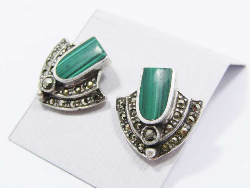 A Beautiful Pair of Vintage Design Malachite and Marcasite's in Sterling Silver.