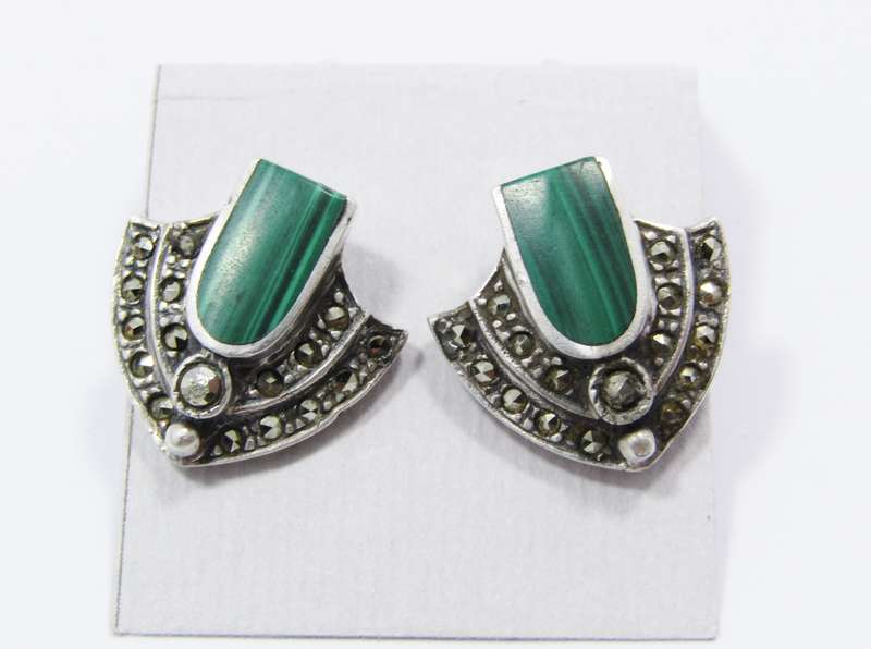A Beautiful Pair of Vintage Design Malachite and Marcasite's in Sterling Silver.