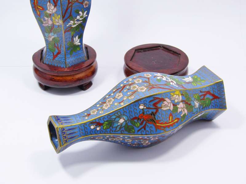 Pair of Finely Made Hexagonal Cloisonne Vases on Stands