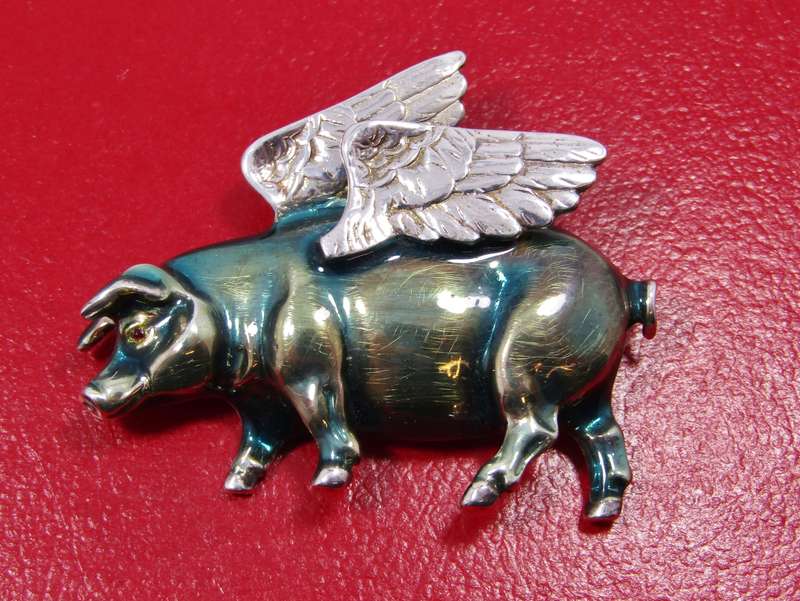 Sterling Silver & Enameled Flying Pig Brooch
