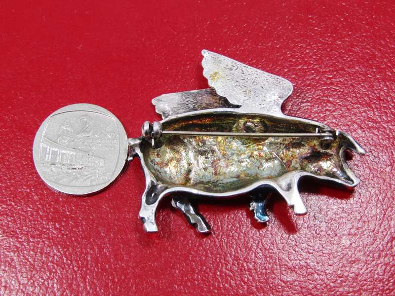 Sterling Silver & Enameled Flying Pig Brooch