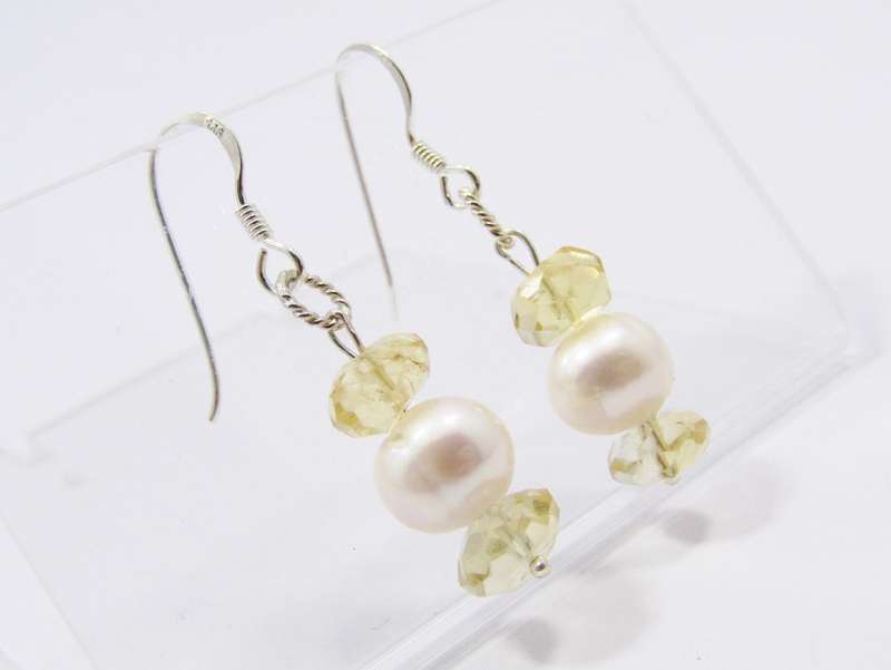 A Lovely Pair of Pearl and Citrine Dangling Earrings in Sterling Silver