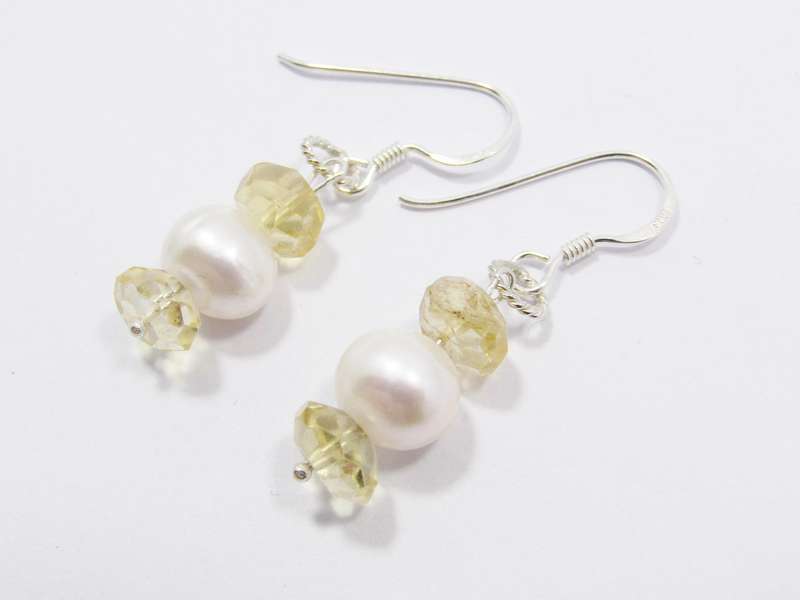 A Lovely Pair of Pearl and Citrine Dangling Earrings in Sterling Silver
