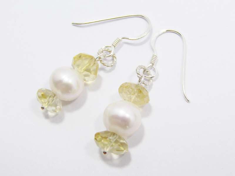 A Lovely Pair of Pearl and Citrine Dangling Earrings in Sterling Silver
