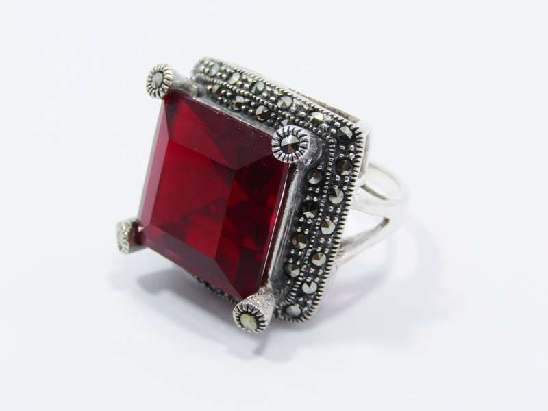 A Gorgeous Vintage Design Red Stone Square Ring With Marcasite's in Sterling Silver.