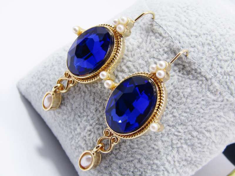 Pair of Gold Tone Royal Blue Paste Stone with Faux Pearl Dangling Earrings