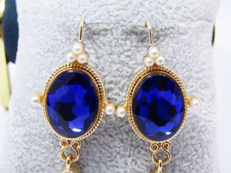 Pair of Gold Tone Royal Blue Paste Stone with Faux Pearl Dangling Earrings