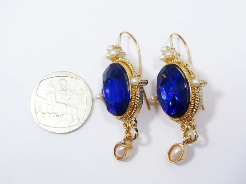 Pair of Gold Tone Royal Blue Paste Stone with Faux Pearl Dangling Earrings