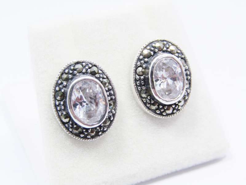 A Gorgeous Pair of Bohemian Design Clear Zirconia Earrings Surrounded with Marcasite's in Sterling S