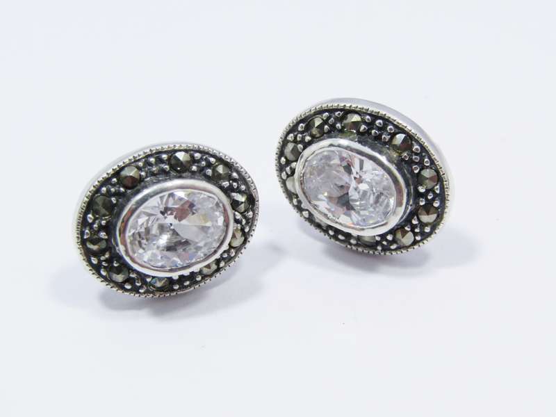 A Gorgeous Pair of Bohemian Design Clear Zirconia Earrings Surrounded with Marcasite's in Sterling S