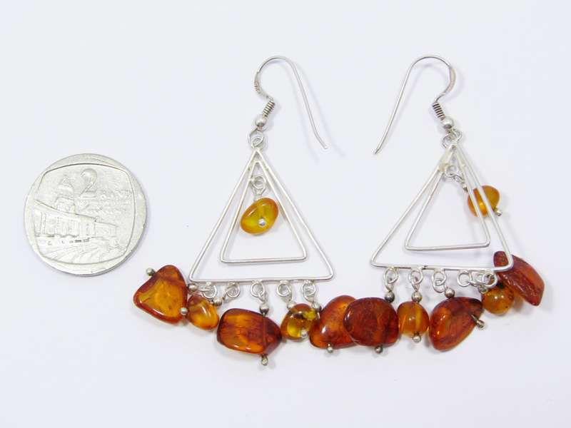 A Stunning Pair of Triangle Design Dangling Earrings With Amber in Sterling Silver.