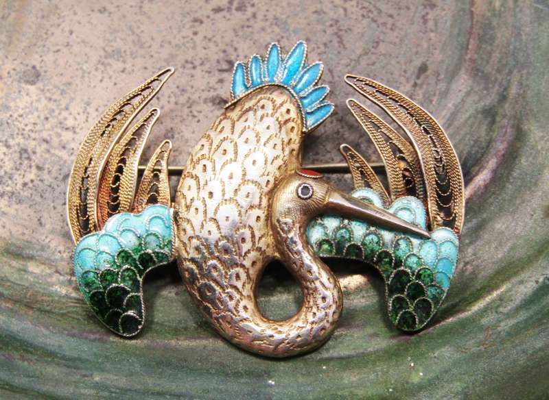 Antique/Vintage Oriental Filigree Silver Gilt Stork Brooch