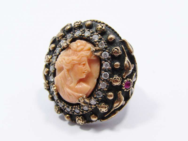 Beautiful! Carved Coral Cameo with Bronze and Silver Detail Ring