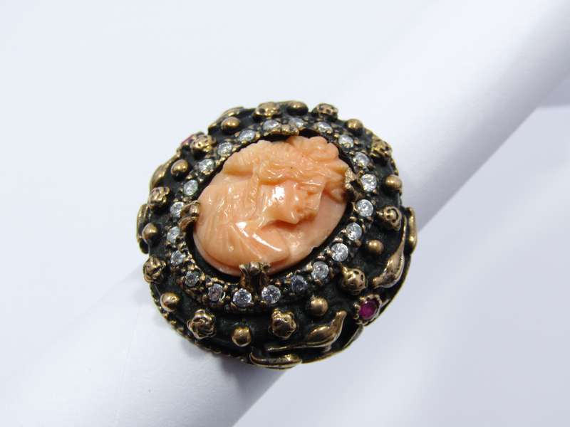 Beautiful! Carved Coral Cameo with Bronze and Silver Detail Ring