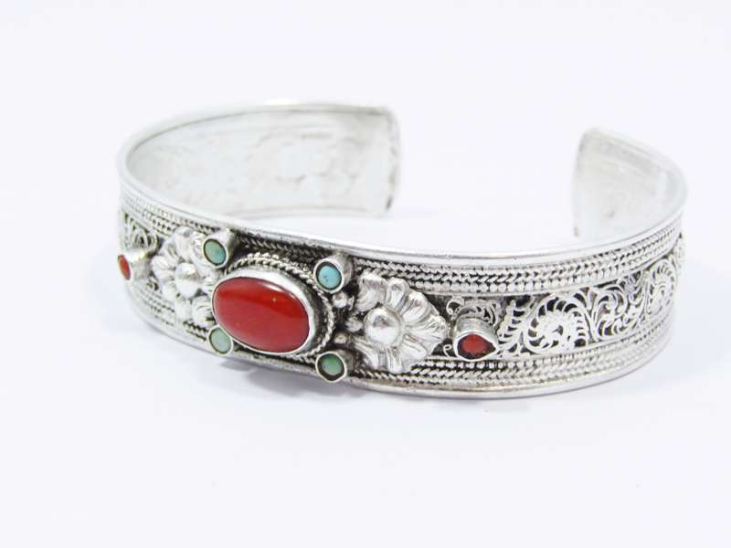 A Gorgeous Textured Cuff with Coral and Turquois Stones in Sterling Silver