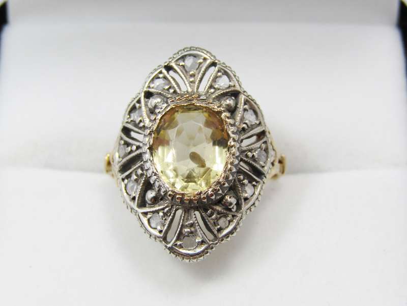 Beautiful! Antique 18CT Gold, Silver, Citrine & Diamond Ring