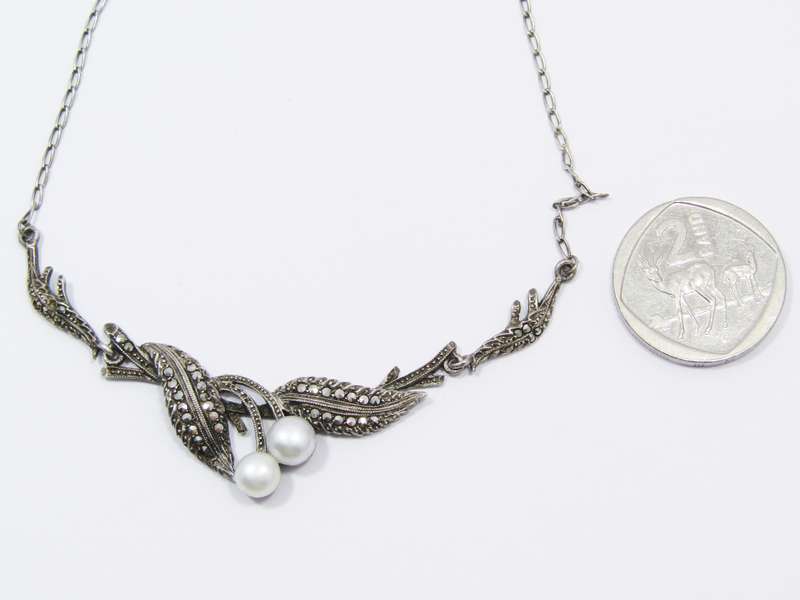 A Stunning Vintage Design Marcasite and Pearls Necklace in Sterling Silver