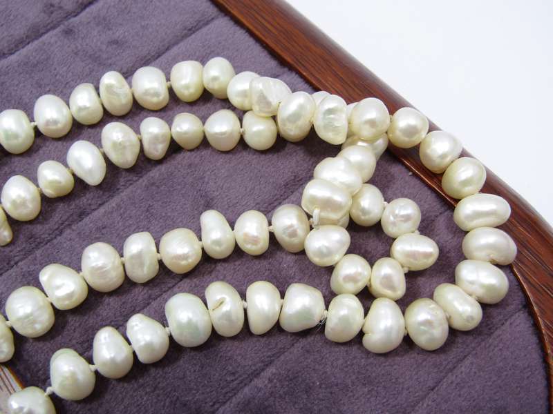 Lovely Long String of Freshwater Pearls with Silver Clasp