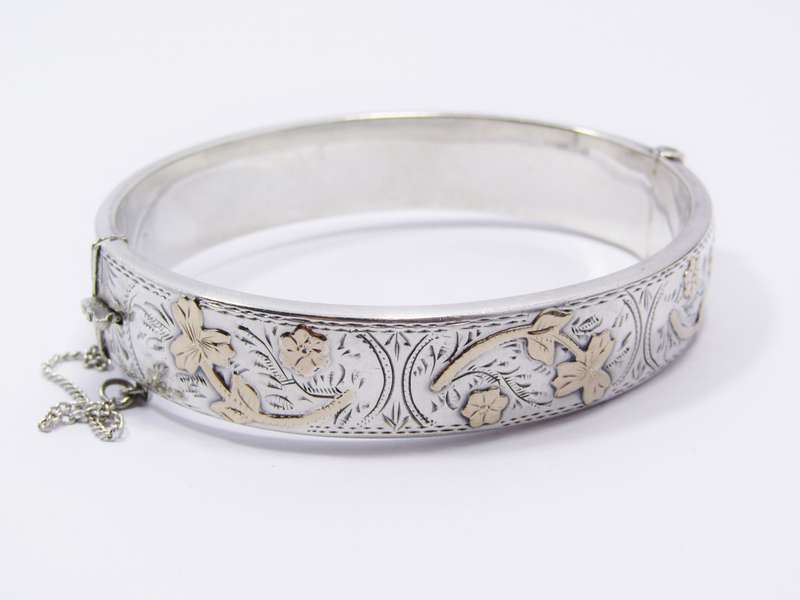 Stunning! Vintage (c1946) Hallmarked Silver & Gold Hinged Bangle