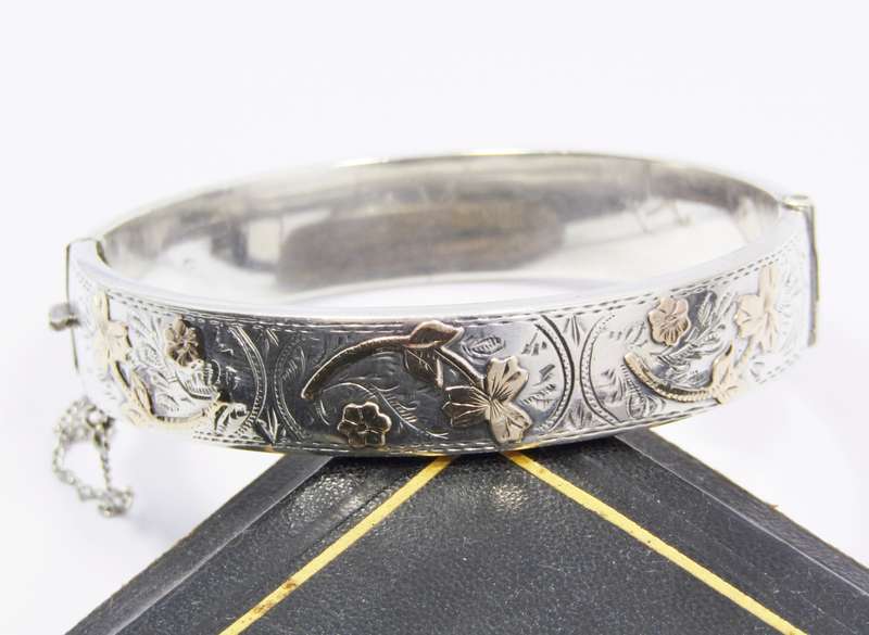 Stunning! Vintage (c1946) Hallmarked Silver & Gold Hinged Bangle