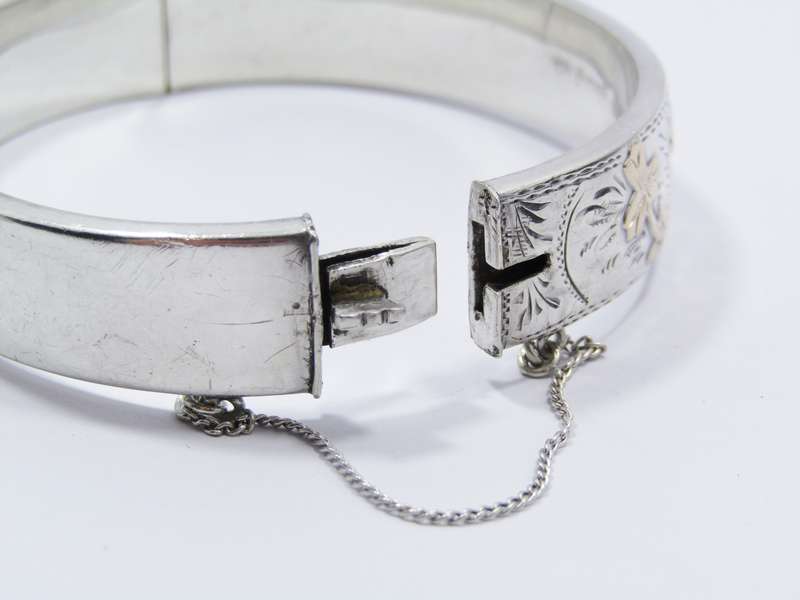 Stunning! Vintage (c1946) Hallmarked Silver & Gold Hinged Bangle