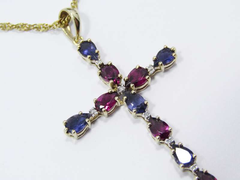 Stunning! 9CT Yellow Gold, Iolite & Garnet Cross Necklace