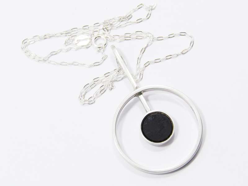 A Lovely Modernist Design Pendant With a Black inlay on Chain in Sterling Silve