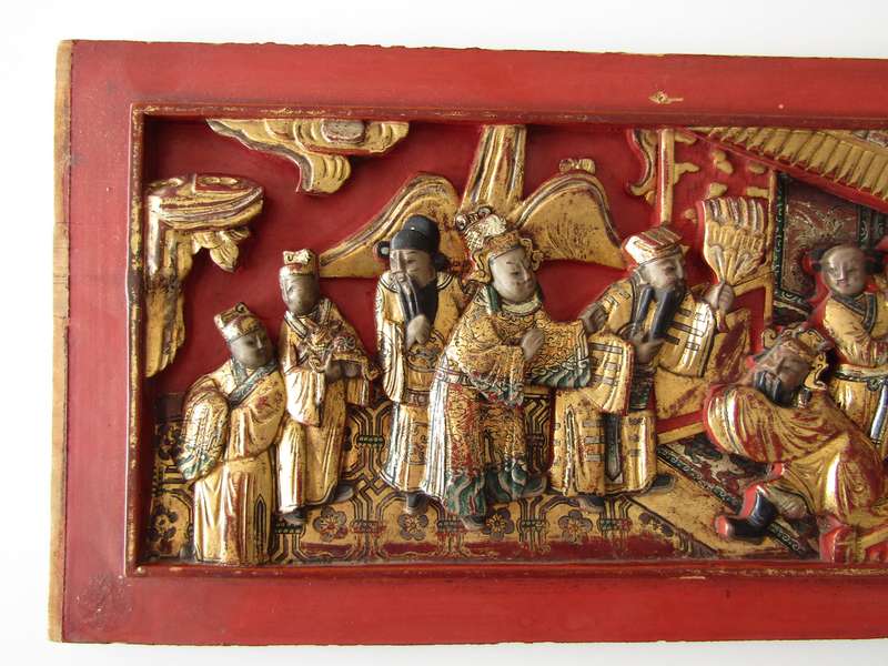 Antique Oriental Wooden Carved Panel with Gilt Details