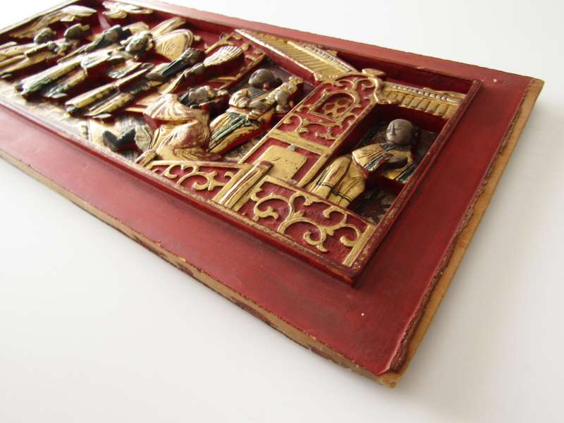 Antique Oriental Wooden Carved Panel with Gilt Details