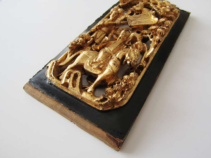 Antique Oriental Wooden Carved Panel with Gilt Details