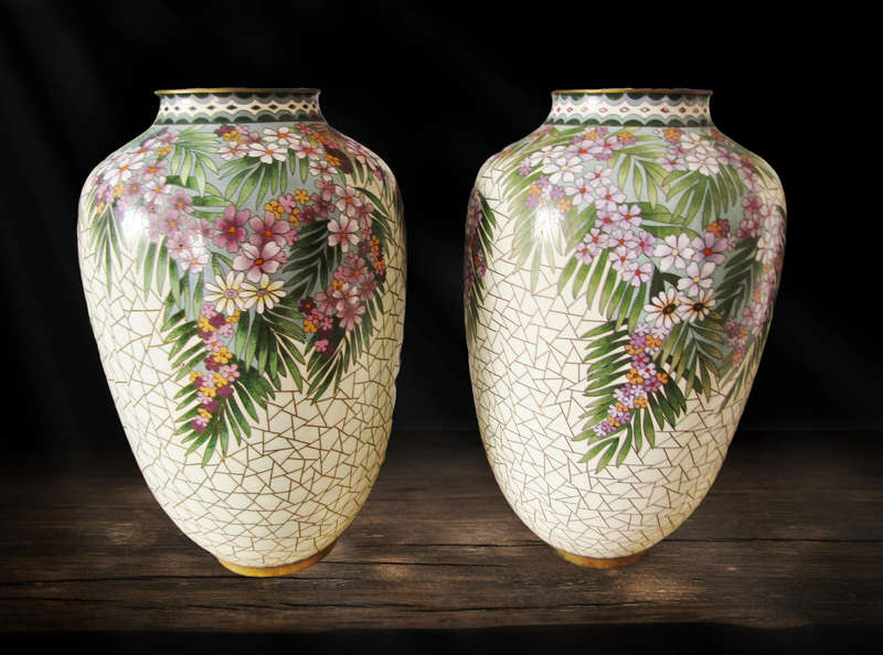 Exquisite! Pair of Beautiful Mosaic Design Large Cloisonne Vases