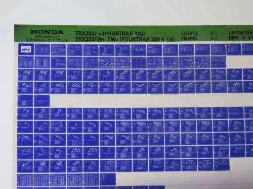 Collection of Honda parts fiche cards - Various models, bikes, outboards, lawnmowers